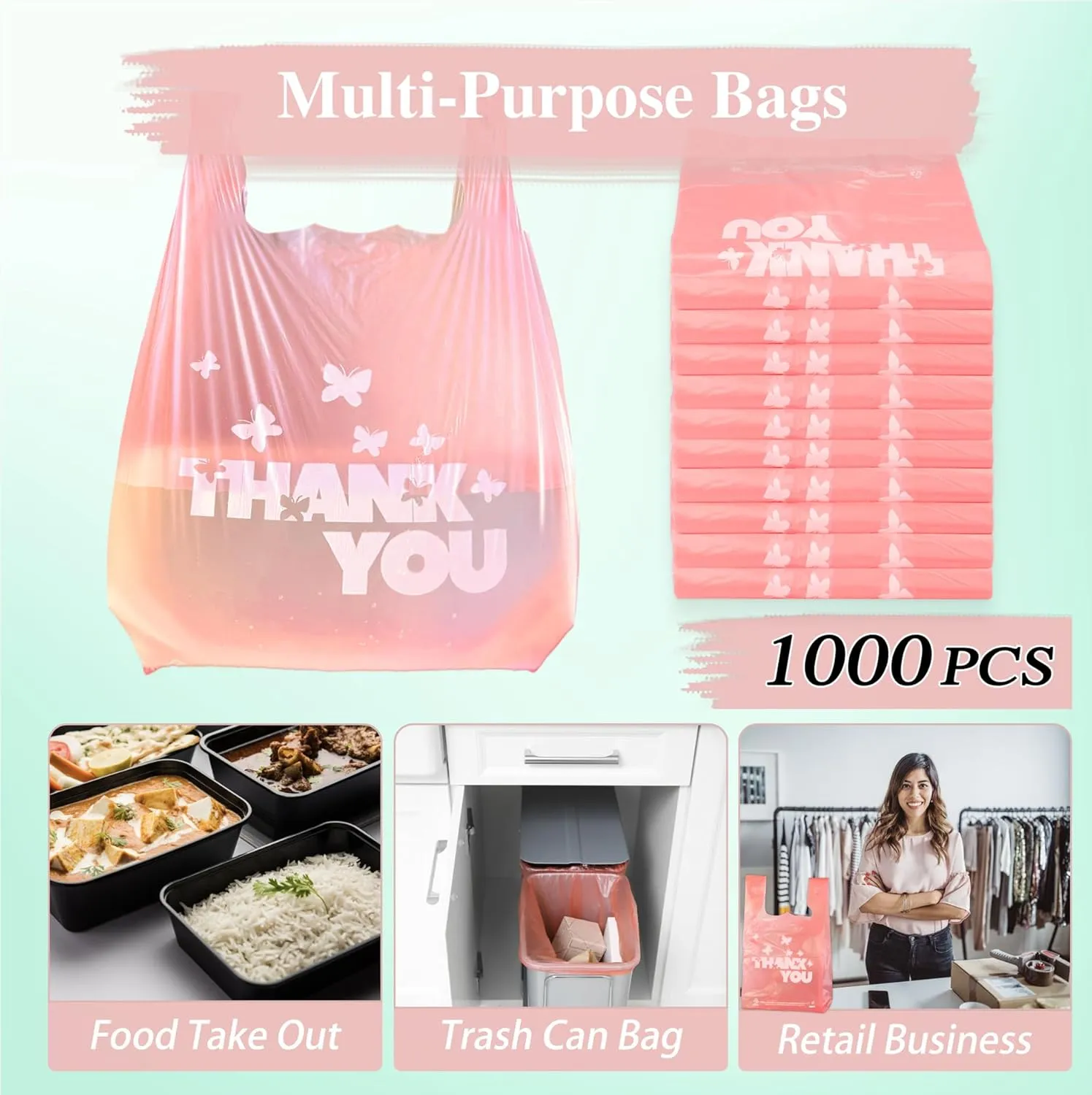 PINK Thank you bags, 1000PCS T shirt bags, To Go Bags,Grocery bags, Reusable and Disposable,Perfect for Small Business,Take Out,Retails,11"x6"x21"(1000)