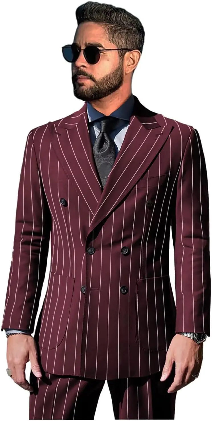 Pinstripe Suits for Men Double Breasted Tuxedo Regular Fit 2 Piece Blazer Pants Peak Lapel Suit Set for Wedding Prom