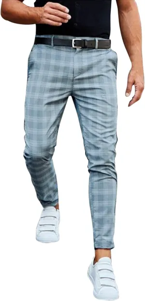 Plaid Suit Pants for Men Slim Fit Tapered Flat Front Dress Pants Business Casual Fashion Golf Pencil Chinos Pants