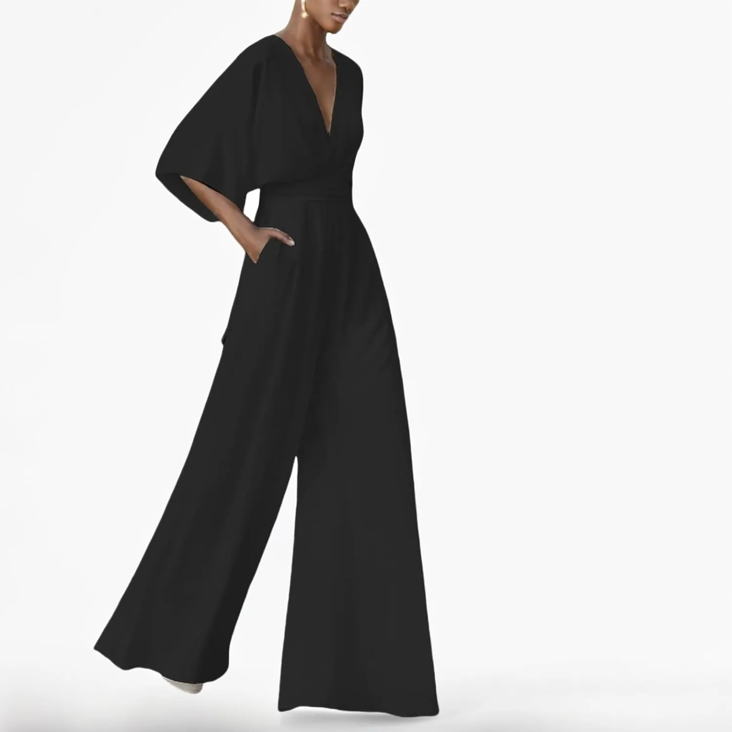 Plus Size Elegant Pocket High Waist Solid Color Jumpsuit, Women 3/4 Length Sleeve V Neck Jumpsuit