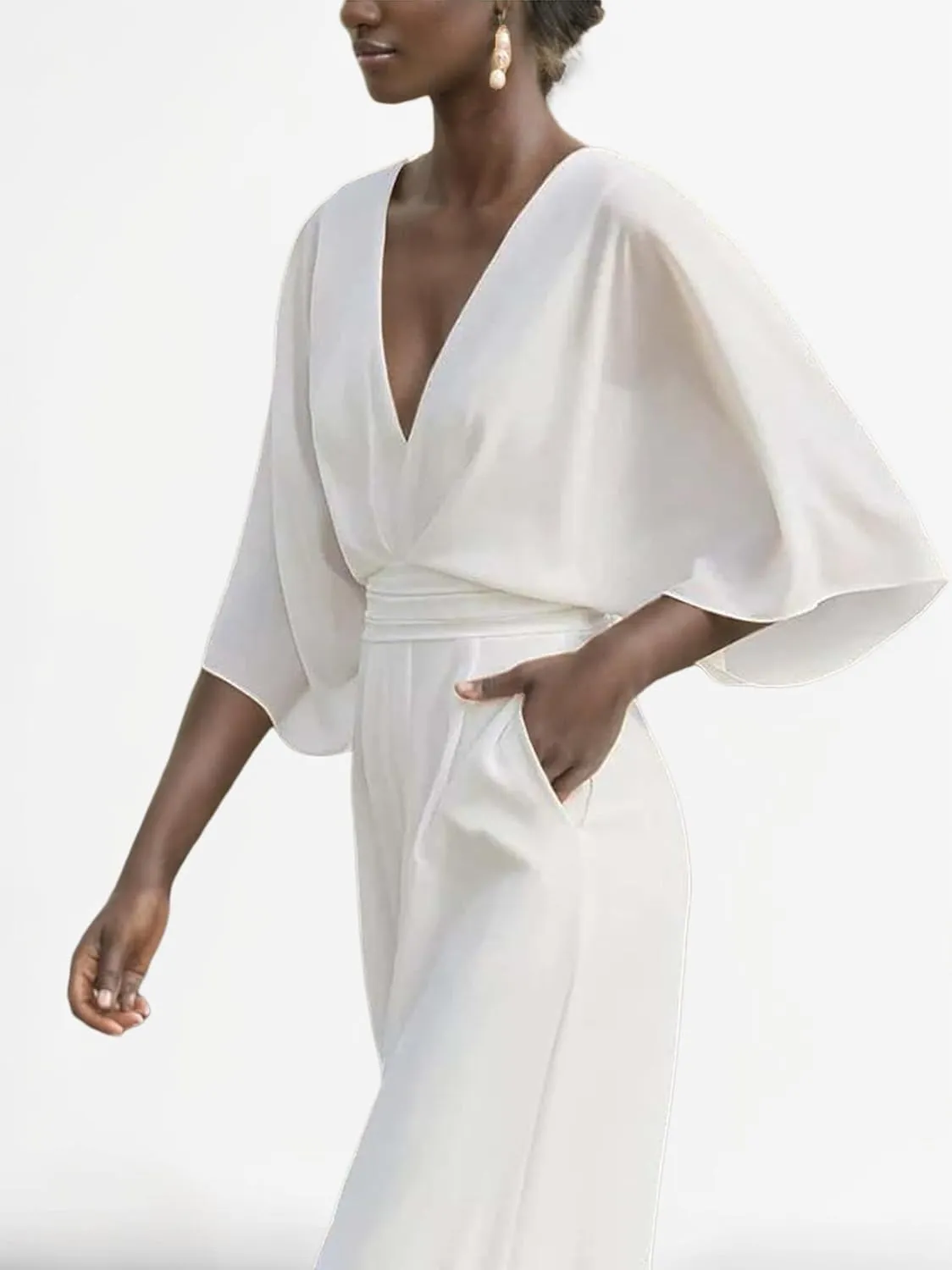 Plus Size Elegant Pocket High Waist Solid Color Jumpsuit, Women 3/4 Length Sleeve V Neck Jumpsuit