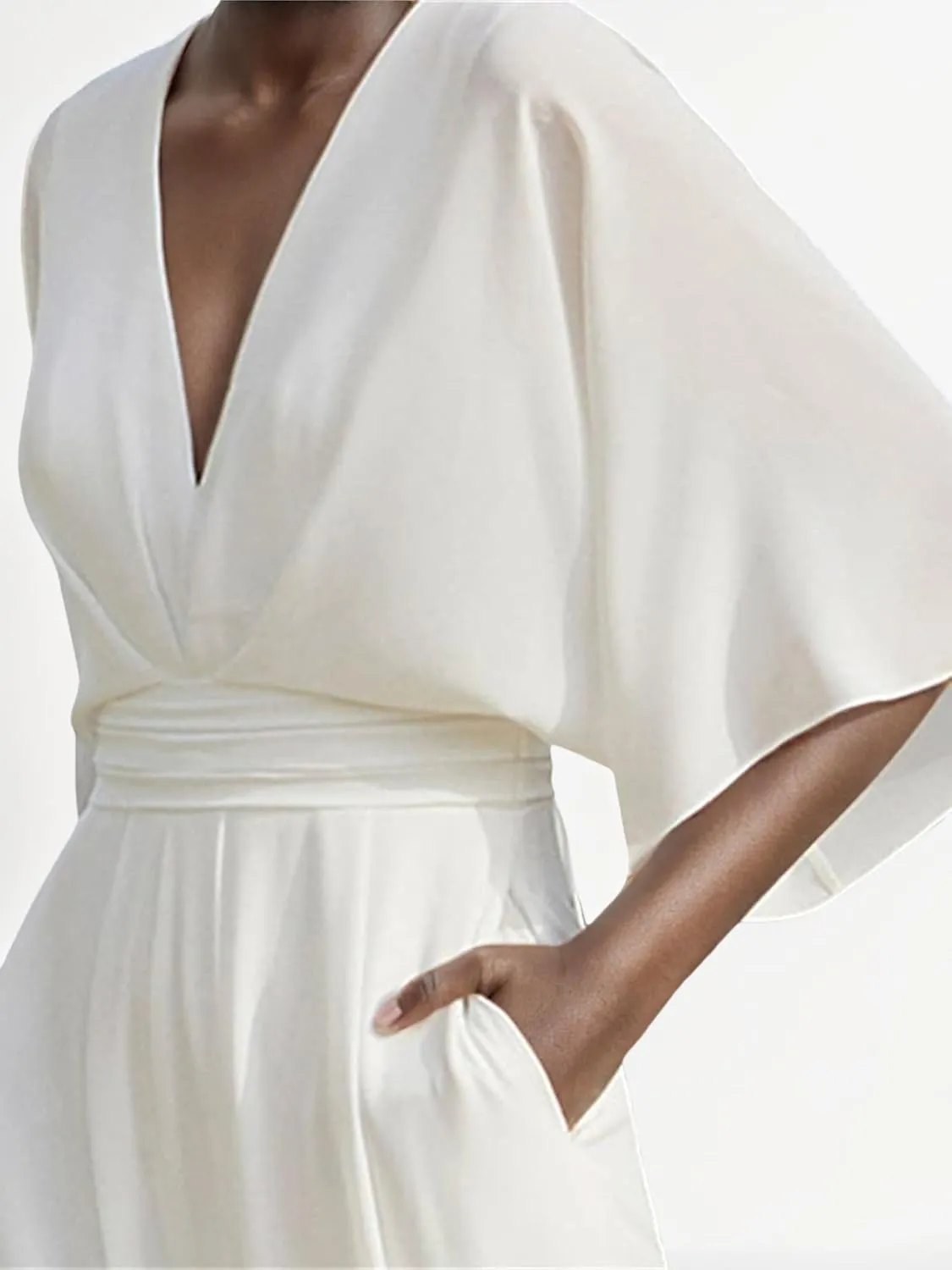 Plus Size Elegant Pocket High Waist Solid Color Jumpsuit, Women 3/4 Length Sleeve V Neck Jumpsuit