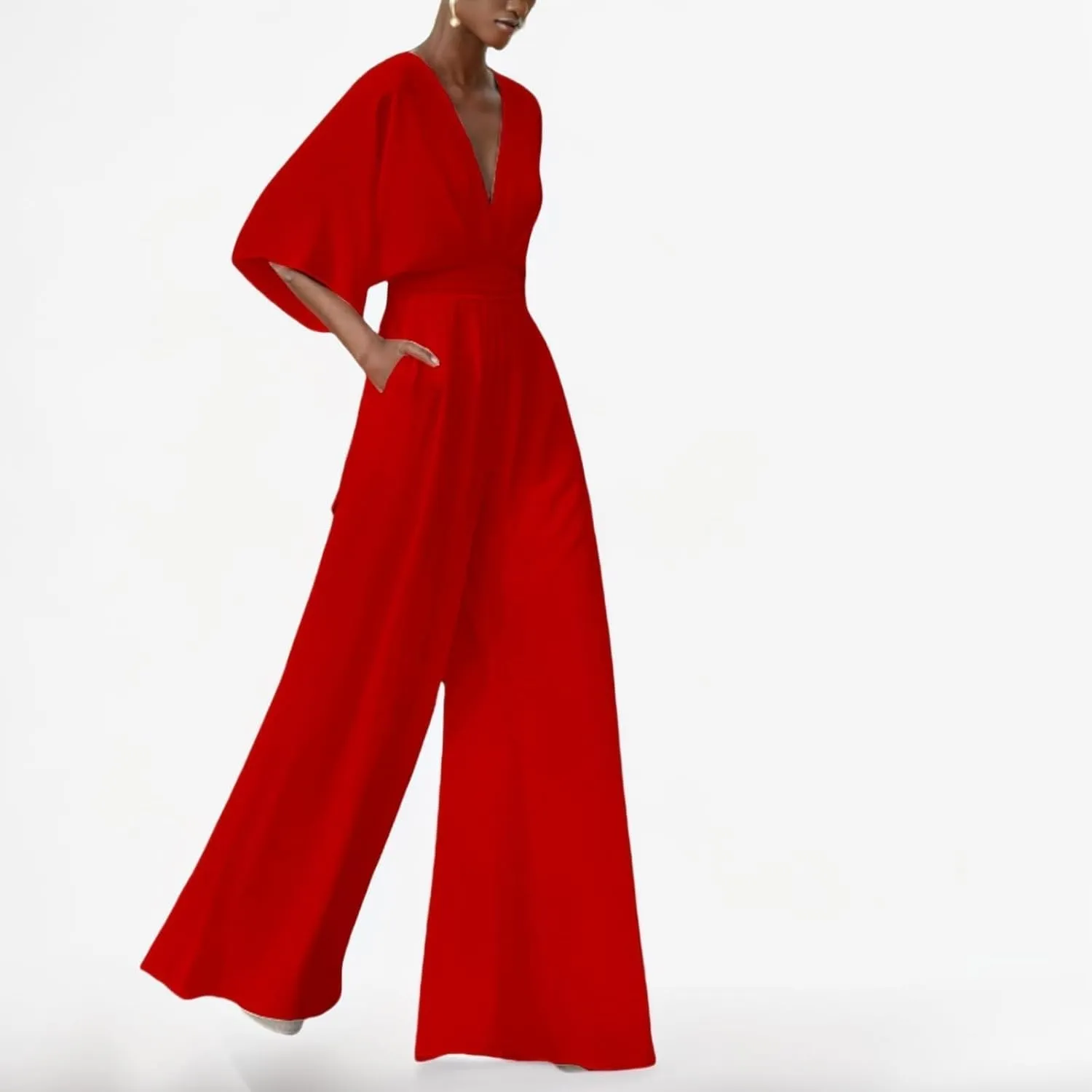 Plus Size Elegant Pocket High Waist Solid Color Jumpsuit, Women 3/4 Length Sleeve V Neck Jumpsuit