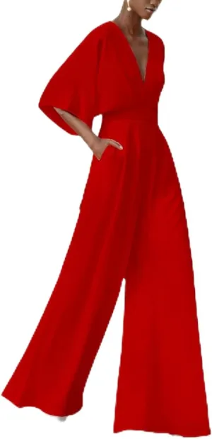 Plus Size Elegant Pocket High Waist Solid Color Jumpsuit, Women 3/4 Length Sleeve V Neck Jumpsuit