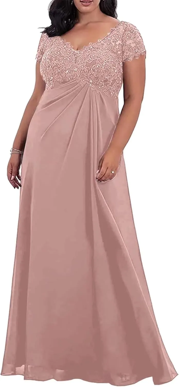 Plus Size Mother of The Bride Dresses for Wedding Short Sleeve Applique Formal Dress for Wedding Guest