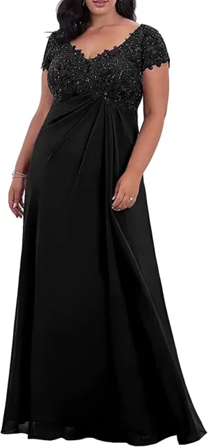 Plus Size Mother of The Bride Dresses for Wedding Short Sleeve Applique Formal Dress for Wedding Guest