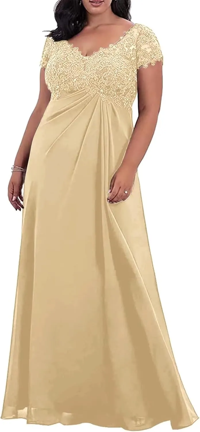 Plus Size Mother of The Bride Dresses for Wedding Short Sleeve Applique Formal Dress for Wedding Guest
