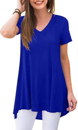 POPYOUNG Women's Long Tunic Tops to Wear with Leggings Summer Short Sleeve Loose Fit Dressy Shirts M-5XL