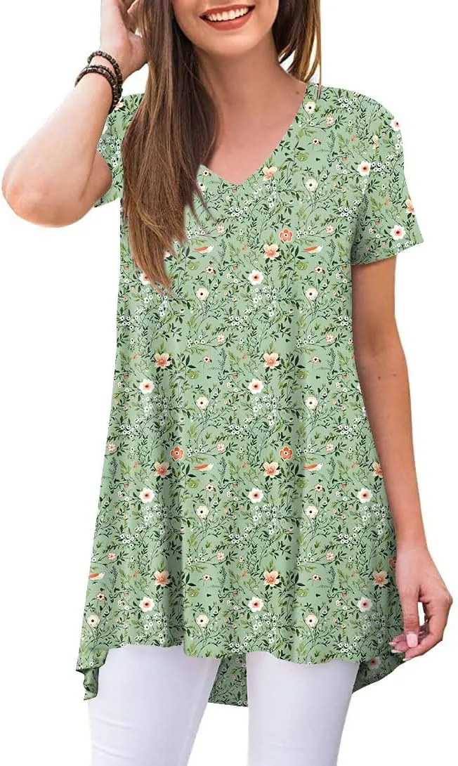POPYOUNG Women's Long Tunic Tops to Wear with Leggings Summer Short Sleeve Loose Fit Dressy Shirts M-5XL