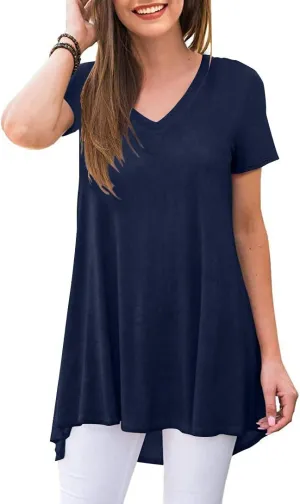 POPYOUNG Women's Long Tunic Tops to Wear with Leggings Summer Short Sleeve Loose Fit Dressy Shirts M-5XL