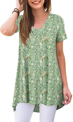 POPYOUNG Women's Long Tunic Tops to Wear with Leggings Summer Short Sleeve Loose Fit Dressy Shirts M-5XL