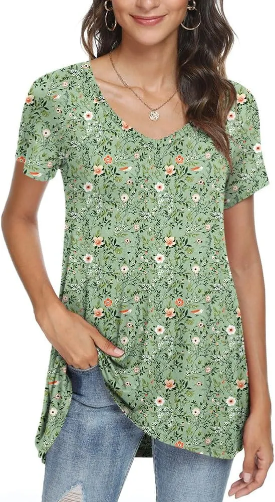 POPYOUNG Women's Long Tunic Tops to Wear with Leggings Summer Short Sleeve Loose Fit Dressy Shirts M-5XL