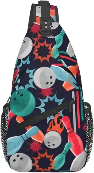 Printed Watercolor Bowling Ball And Pins Sling Bag Crossbody Backpack For Men Women, Fashionable Adjustable Strap Daypack Travel Shoulder Bag For Outdoor Activities, Gym, And Travel