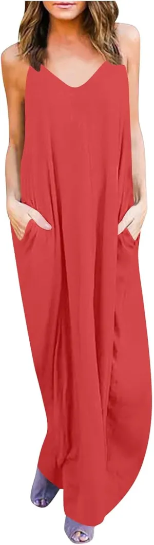 PTOLOCIF Dresses for Women 2025 Spaghetti Strap Backless Beach Tank Dress Casual Flowy Tired V Neck Maxi Dress with Pockets