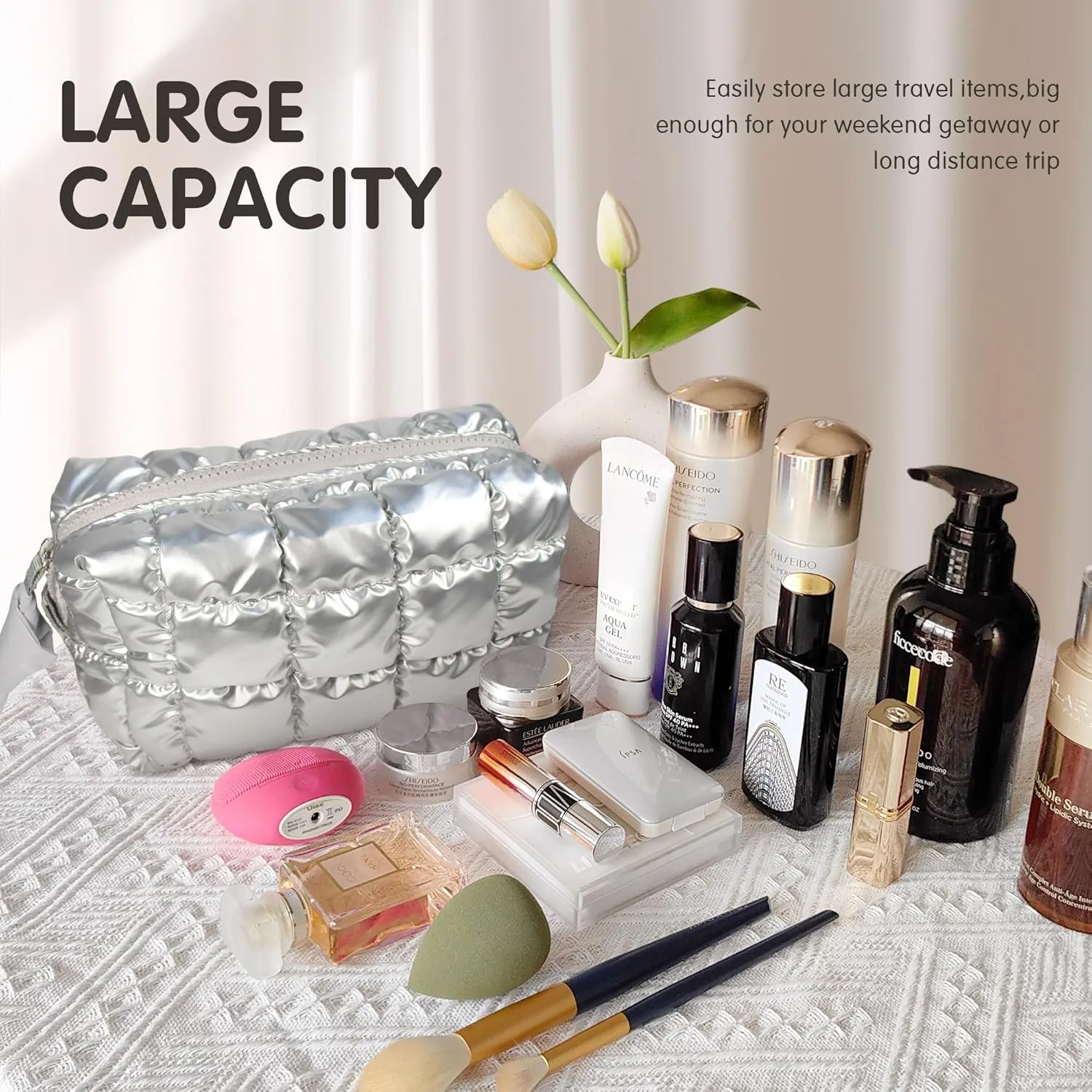 Quilted Makeup Bag Puffy Cosmetic Bag, Travel Toiletry Bag for Women, Cute Makeup Organizer Bag for Gifts Hot Pink Puffer Makeup Pouch