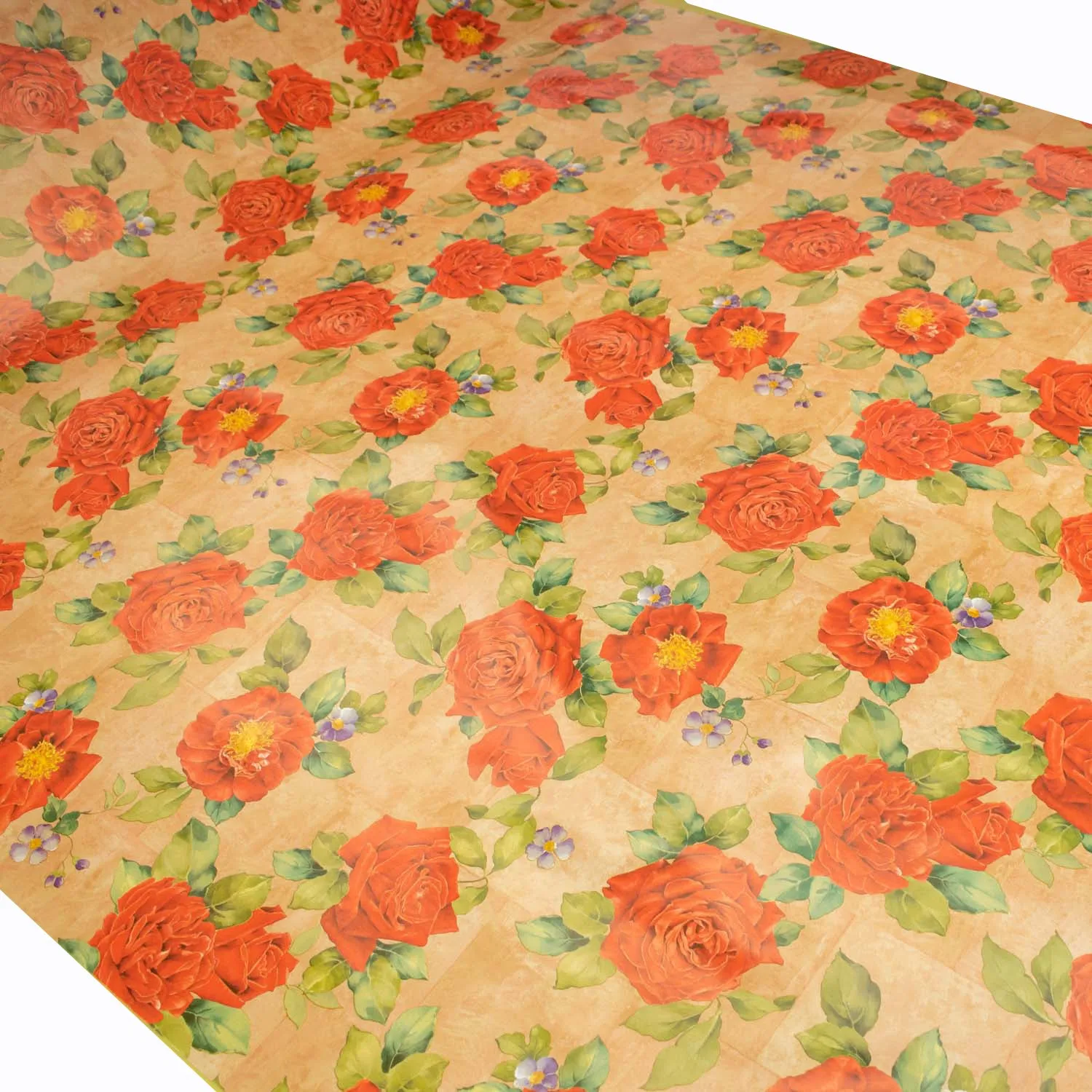 Red Roses on dusty Orange Plastic Tablecloth Fabric