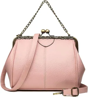 Retro Handbags and Purses for Women Chain Kiss Lock Top-Handle Satchel PU Leather Shoulder Bag Hollow Tote