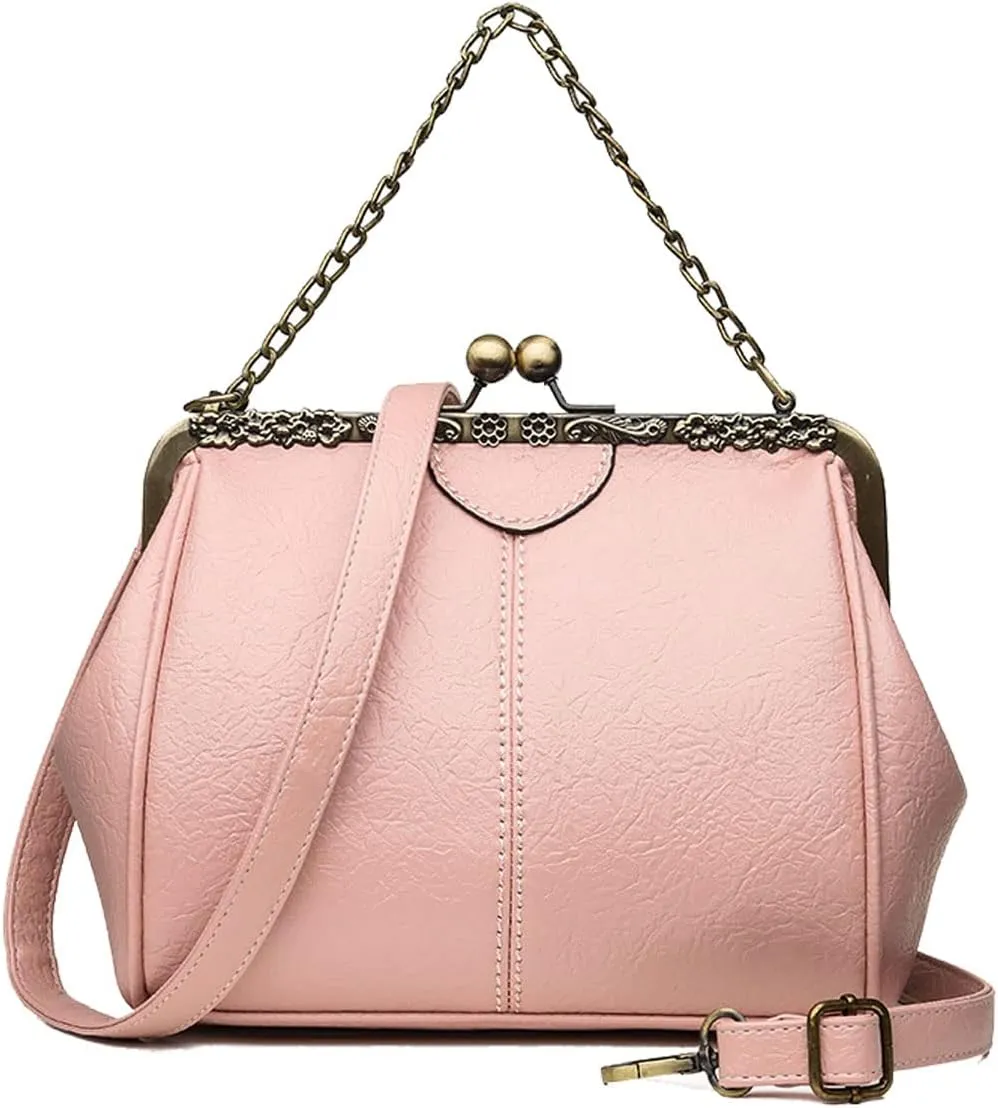 Retro Handbags and Purses for Women Chain Kiss Lock Top-Handle Satchel PU Leather Shoulder Bag Hollow Tote