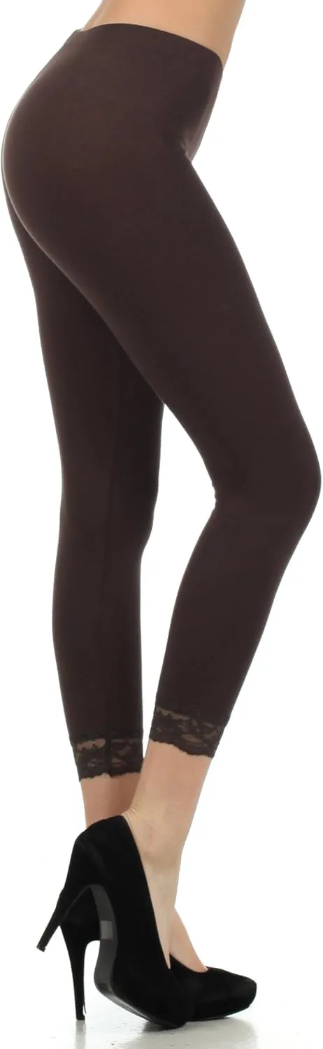 Sakkas Cotton Blend Lace Trim Stretch Capri Leggings - Made in USA