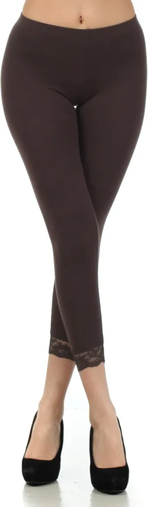 Sakkas Cotton Blend Lace Trim Stretch Capri Leggings - Made in USA