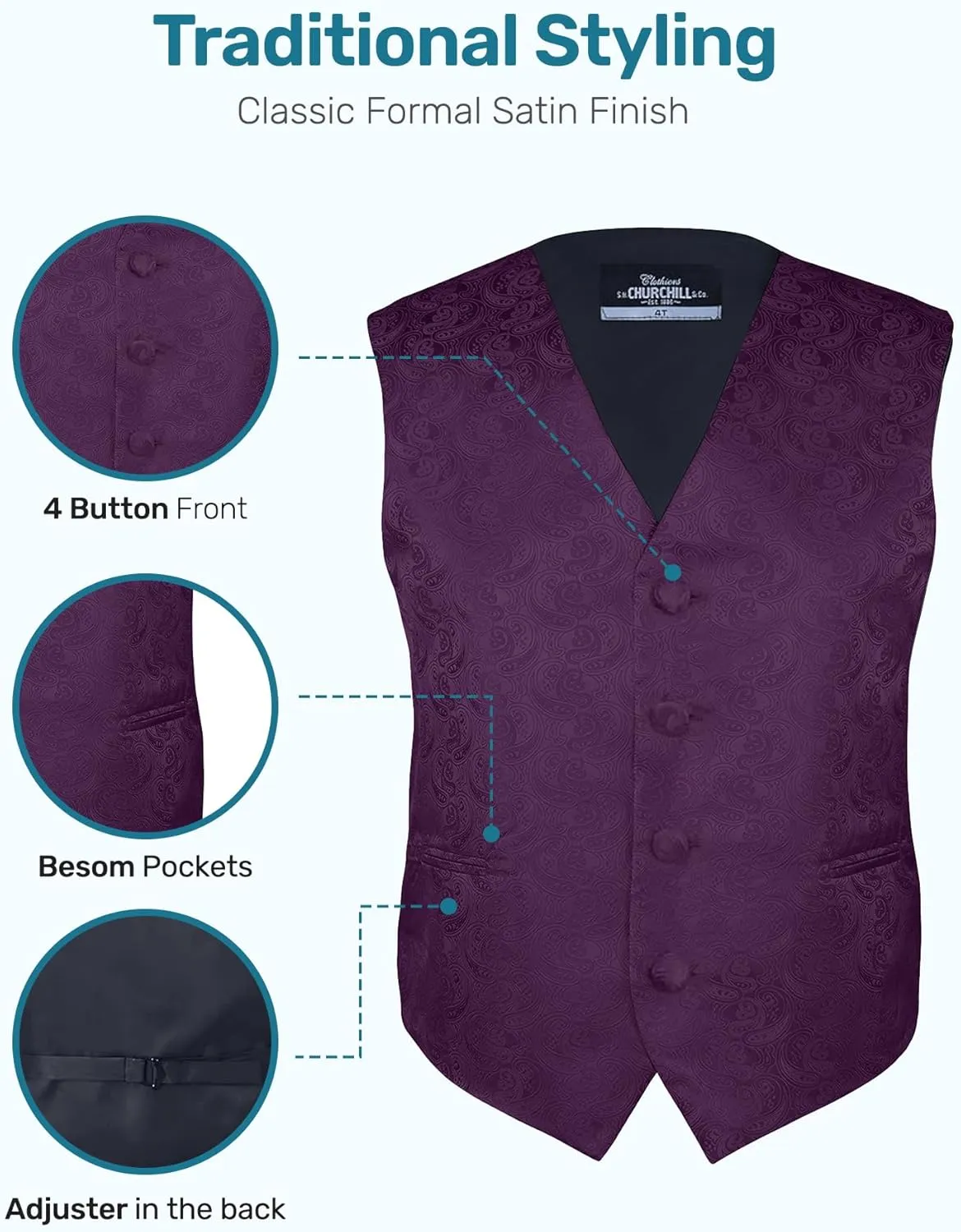 S.H. Churchill & Co. Boys 4 Piece Formal Paisley Vest and Tie Set