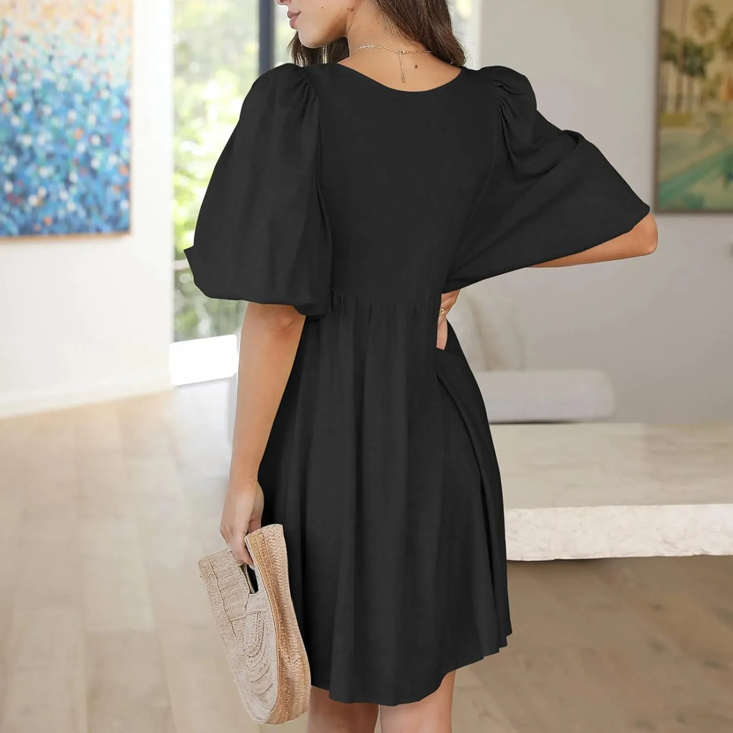 Short Dresses for Women 2024 Lounge Summer Puff Sleeve Knee Length Dresses v Neck Loose Fit Tie Mini Dresses