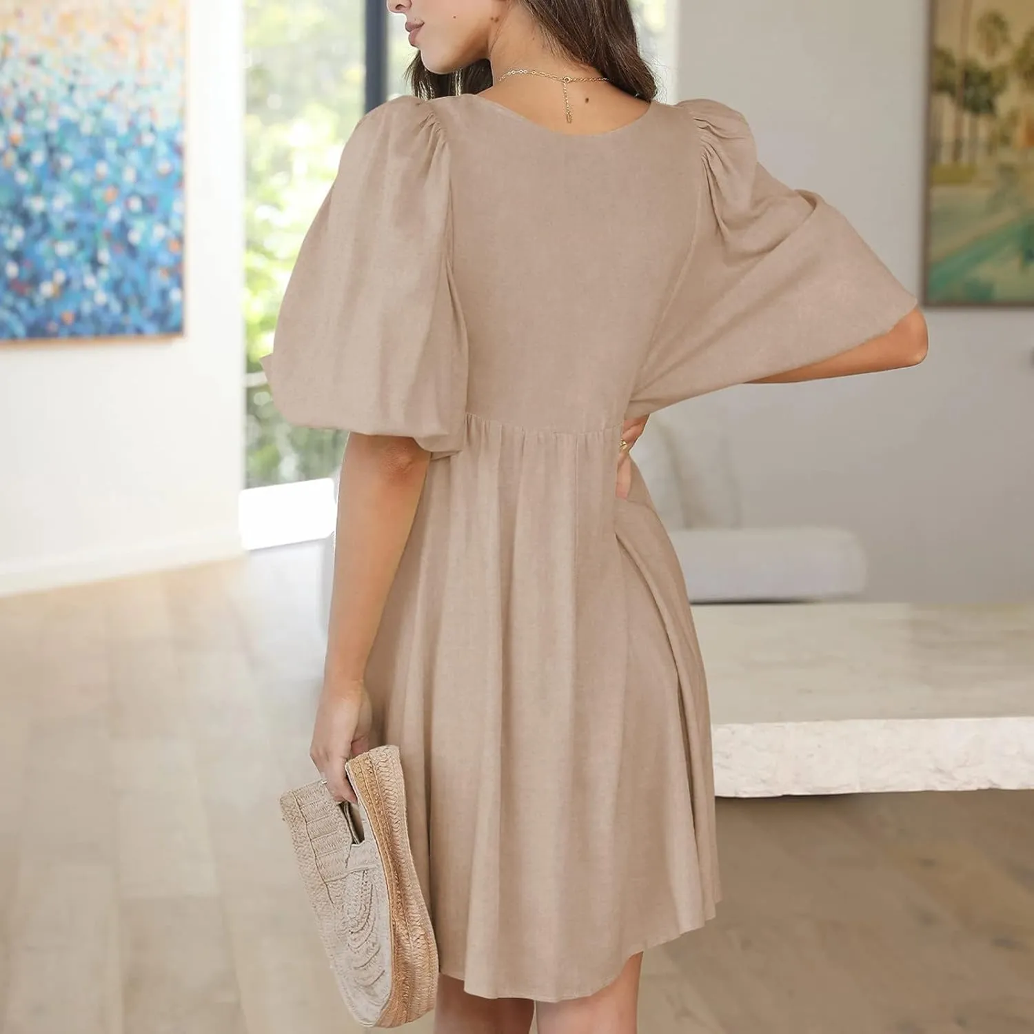 Short Dresses for Women 2024 Lounge Summer Puff Sleeve Knee Length Dresses v Neck Loose Fit Tie Mini Dresses