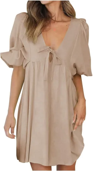 Short Dresses for Women 2024 Lounge Summer Puff Sleeve Knee Length Dresses v Neck Loose Fit Tie Mini Dresses