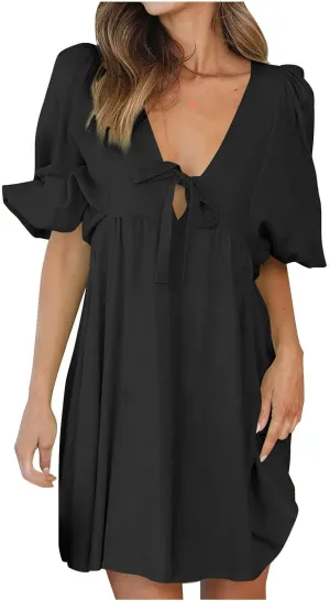 Short Dresses for Women 2024 Lounge Summer Puff Sleeve Knee Length Dresses v Neck Loose Fit Tie Mini Dresses