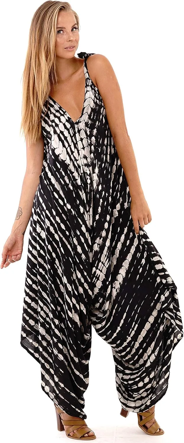 SHU-SHI Womens Boho Harem Jumpsuit Casual Sleeveless One Piece Romper Wide Leg Loose Fit Tie Dye