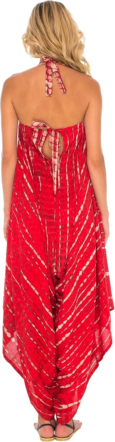 SHU-SHI Womens Boho Harem Jumpsuit Casual Sleeveless One Piece Romper Wide Leg Loose Fit Tie Dye