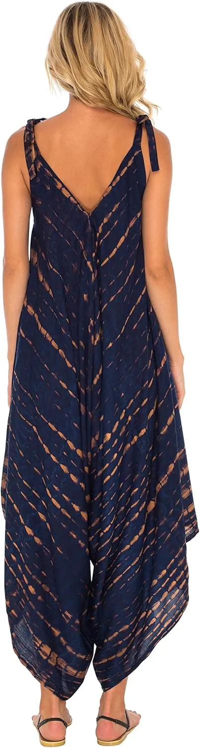 SHU-SHI Womens Boho Harem Jumpsuit Casual Sleeveless One Piece Romper Wide Leg Loose Fit Tie Dye