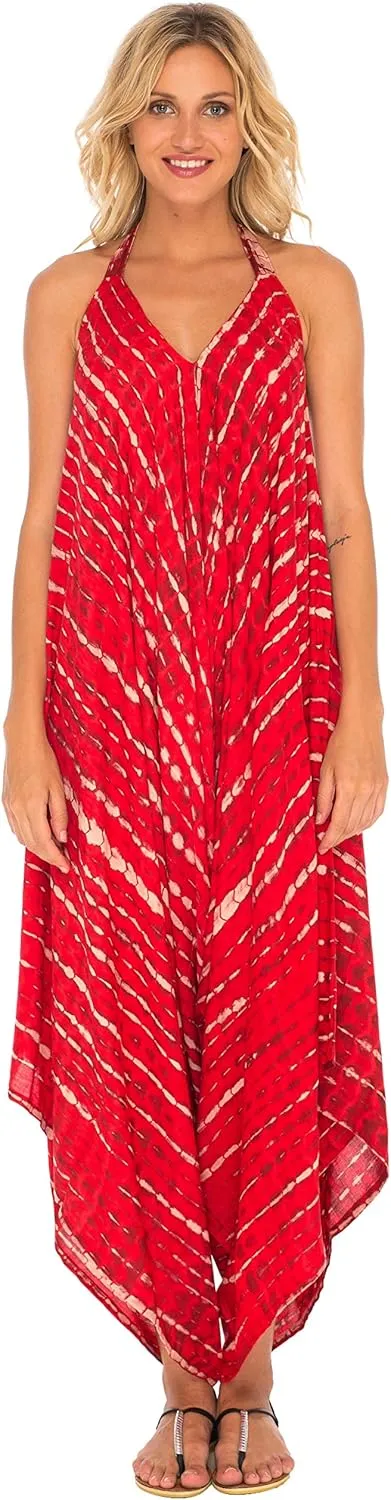 SHU-SHI Womens Boho Harem Jumpsuit Casual Sleeveless One Piece Romper Wide Leg Loose Fit Tie Dye