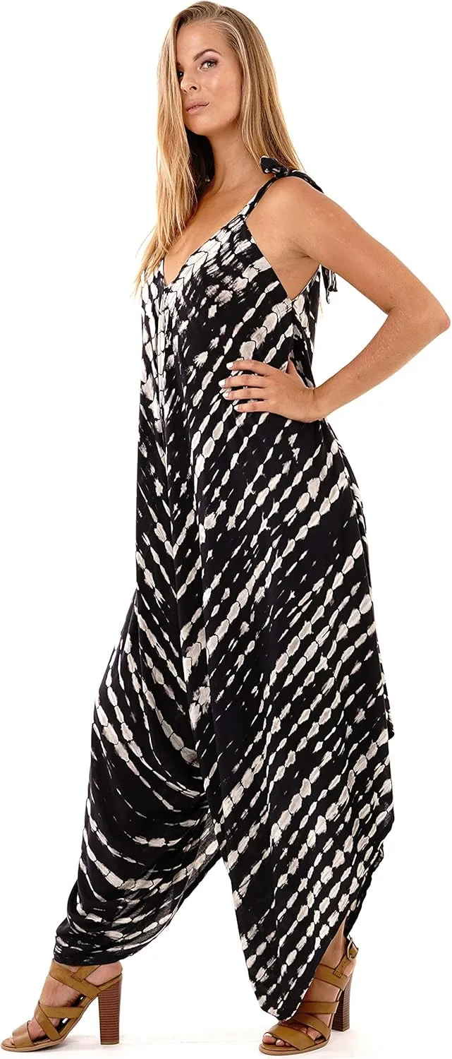 SHU-SHI Womens Boho Harem Jumpsuit Casual Sleeveless One Piece Romper Wide Leg Loose Fit Tie Dye