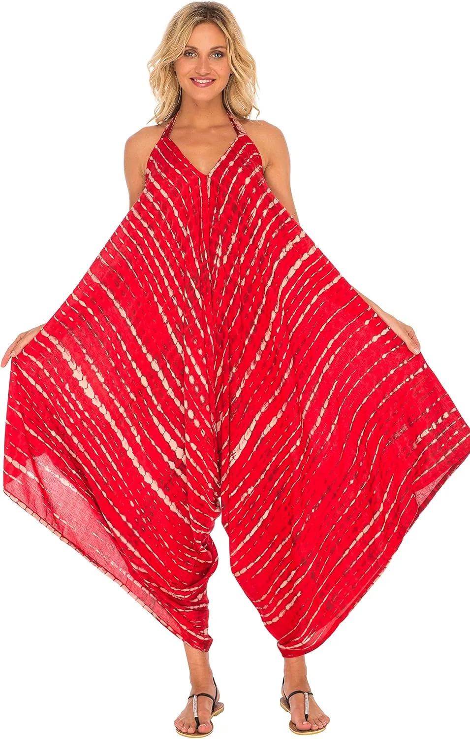 SHU-SHI Womens Boho Harem Jumpsuit Casual Sleeveless One Piece Romper Wide Leg Loose Fit Tie Dye