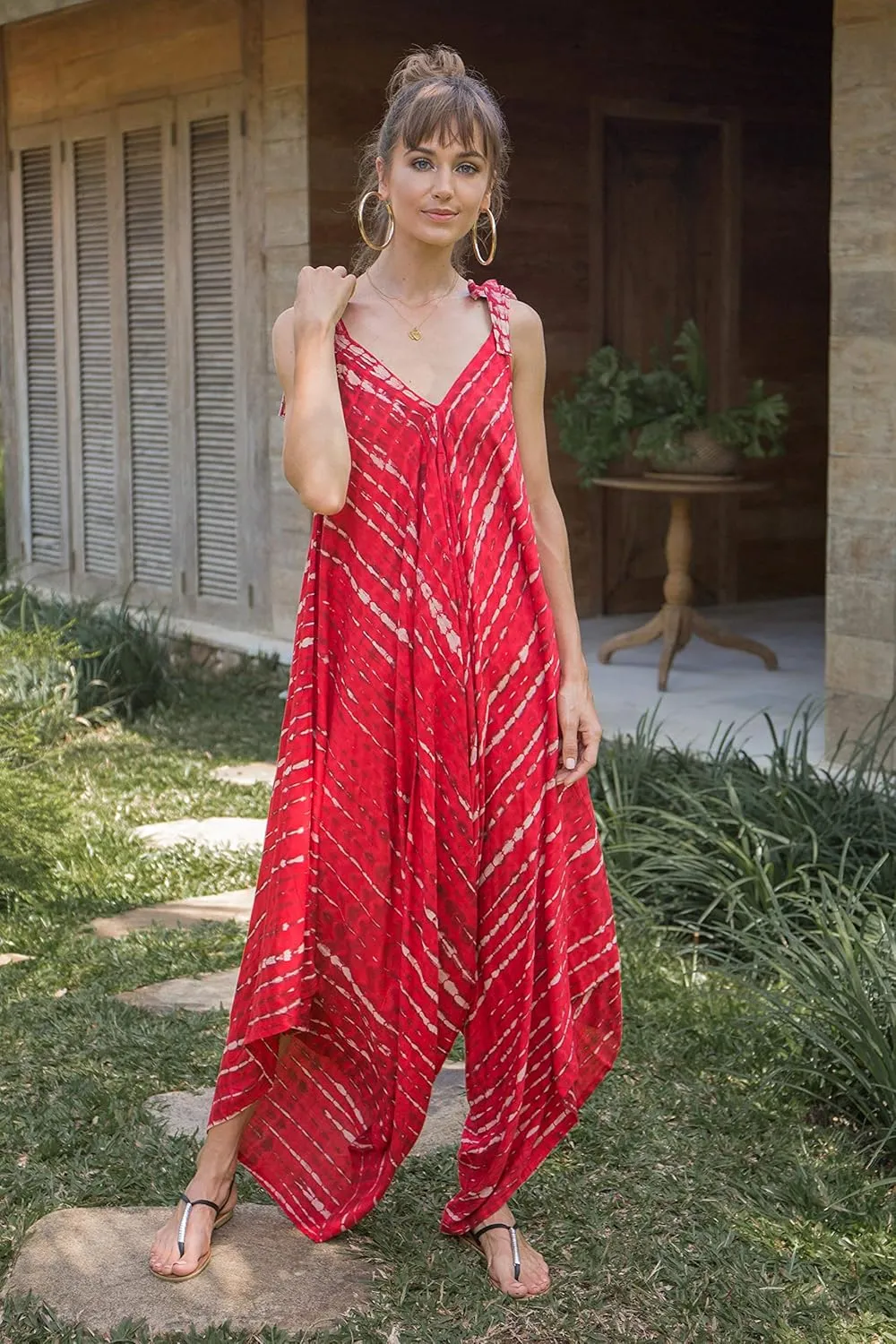 SHU-SHI Womens Boho Harem Jumpsuit Casual Sleeveless One Piece Romper Wide Leg Loose Fit Tie Dye