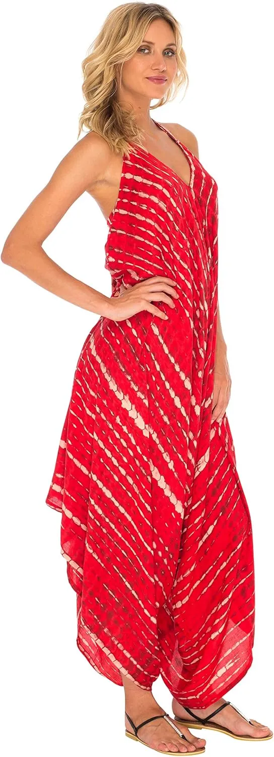 SHU-SHI Womens Boho Harem Jumpsuit Casual Sleeveless One Piece Romper Wide Leg Loose Fit Tie Dye
