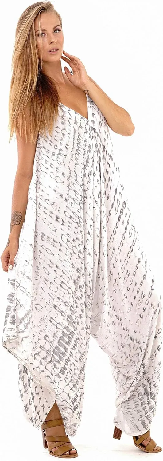 SHU-SHI Womens Boho Harem Jumpsuit Casual Sleeveless One Piece Romper Wide Leg Loose Fit Tie Dye