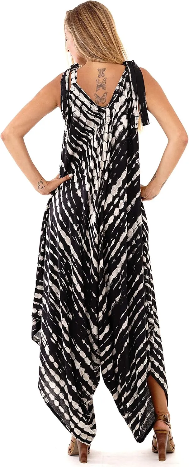 SHU-SHI Womens Boho Harem Jumpsuit Casual Sleeveless One Piece Romper Wide Leg Loose Fit Tie Dye