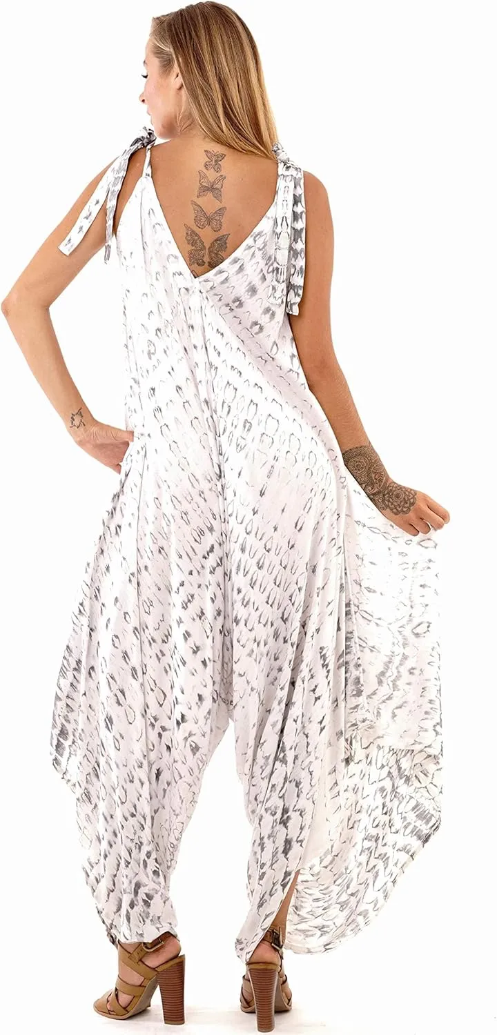 SHU-SHI Womens Boho Harem Jumpsuit Casual Sleeveless One Piece Romper Wide Leg Loose Fit Tie Dye