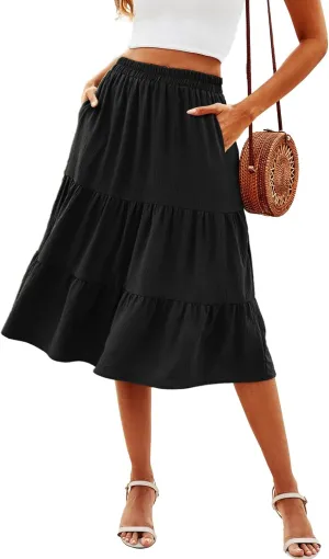 SimpleFun Women's Summer Boho Flowy Midi Skirt Casual Elastic High Waist Tiered Long Skirts with Pockets
