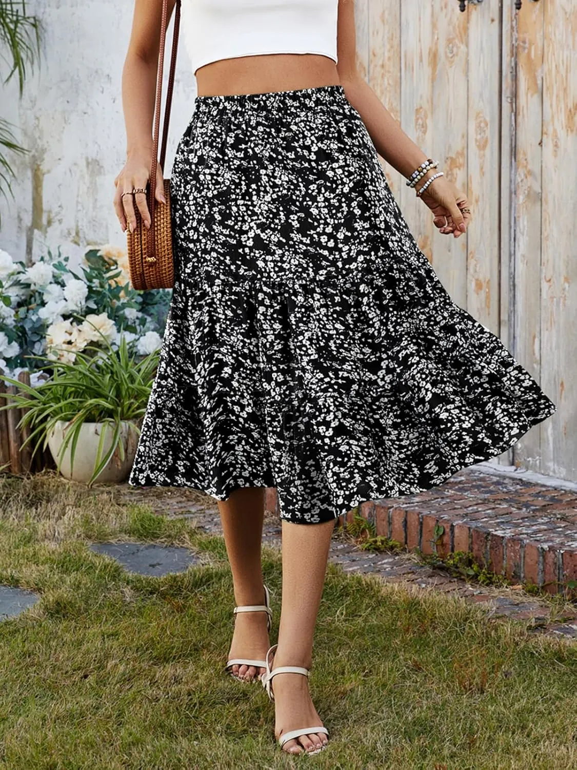 SimpleFun Women's Summer Boho Flowy Midi Skirt Casual Elastic High Waist Tiered Long Skirts with Pockets