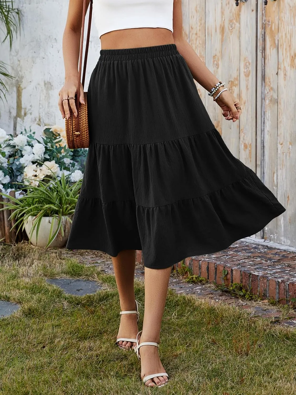 SimpleFun Women's Summer Boho Flowy Midi Skirt Casual Elastic High Waist Tiered Long Skirts with Pockets
