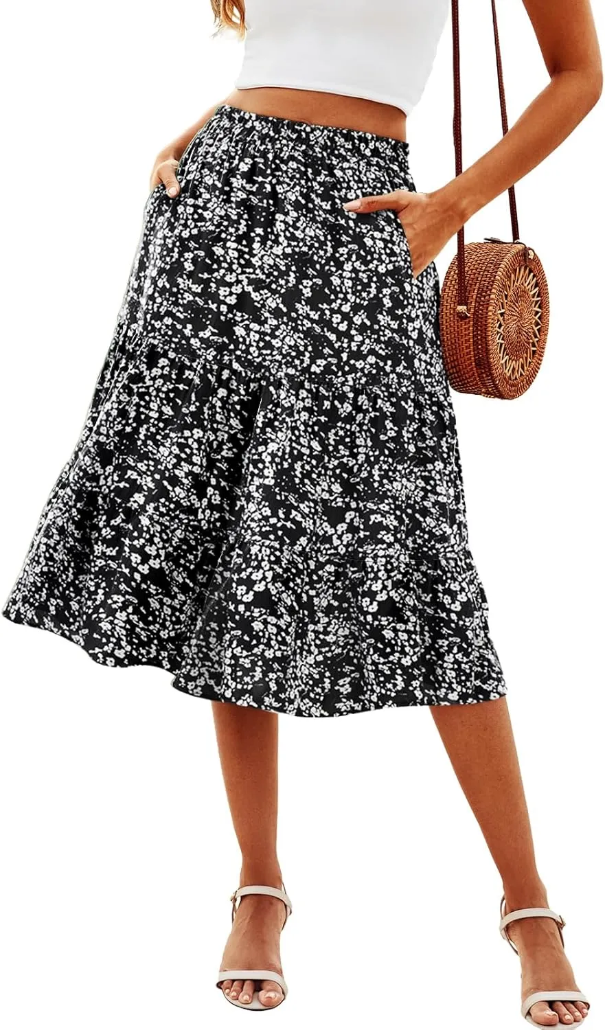 SimpleFun Women's Summer Boho Flowy Midi Skirt Casual Elastic High Waist Tiered Long Skirts with Pockets