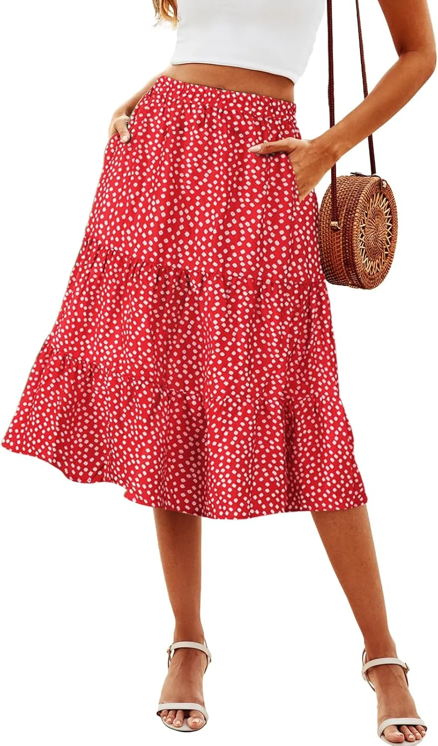 SimpleFun Women's Summer Boho Flowy Midi Skirt Casual Elastic High Waist Tiered Long Skirts with Pockets