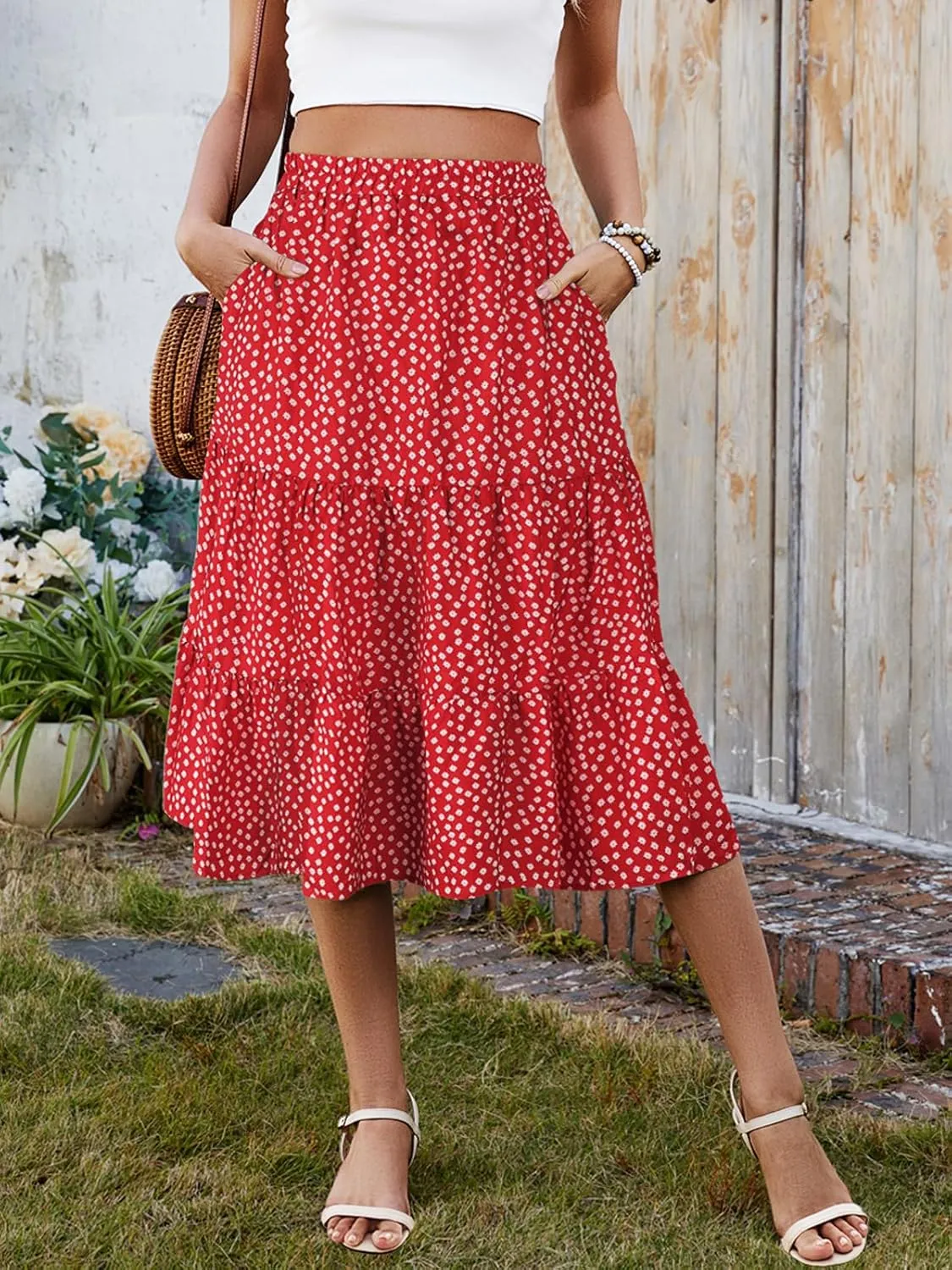 SimpleFun Women's Summer Boho Flowy Midi Skirt Casual Elastic High Waist Tiered Long Skirts with Pockets