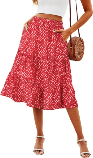 SimpleFun Women's Summer Boho Flowy Midi Skirt Casual Elastic High Waist Tiered Long Skirts with Pockets