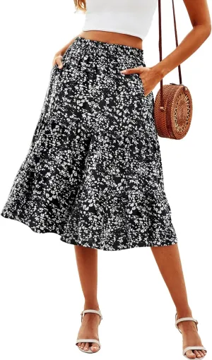 SimpleFun Women's Summer Boho Flowy Midi Skirt Casual Elastic High Waist Tiered Long Skirts with Pockets