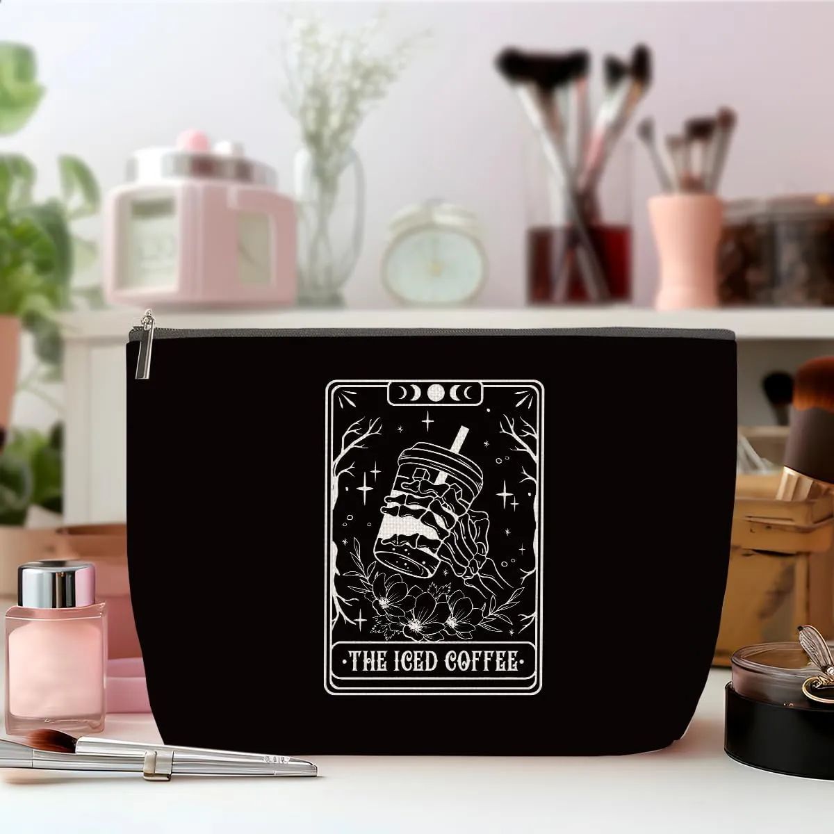 Skeleton Skull Tarot Cards Goth Gifts Funny Coffee Lover Makeup Bag, Goth Accessories Spooky Gifts Gothic Cosmetic Bag, Halloween Party Favors Witchy Gifts for Women, Toiletry Bag for Christmas