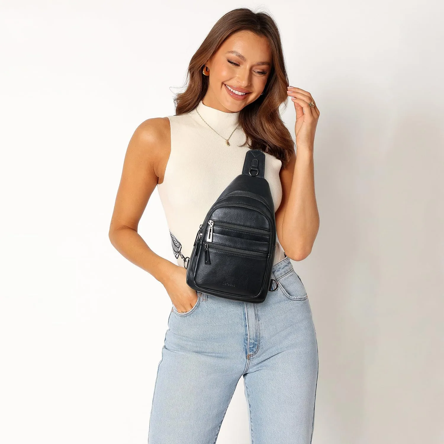 Sling Bag for Women Cross Body Bags Fanny Packs Shoulder Bag Sling Backpack Vegan Leather Trendy Travel Purses Black